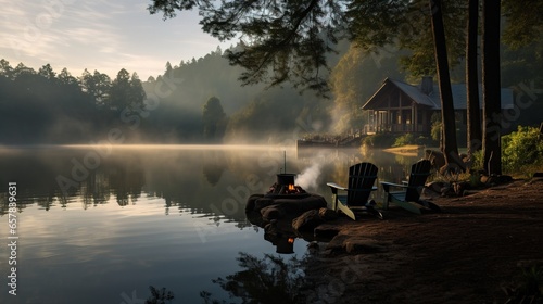 A quiet fishing hut and campfire by the lake.