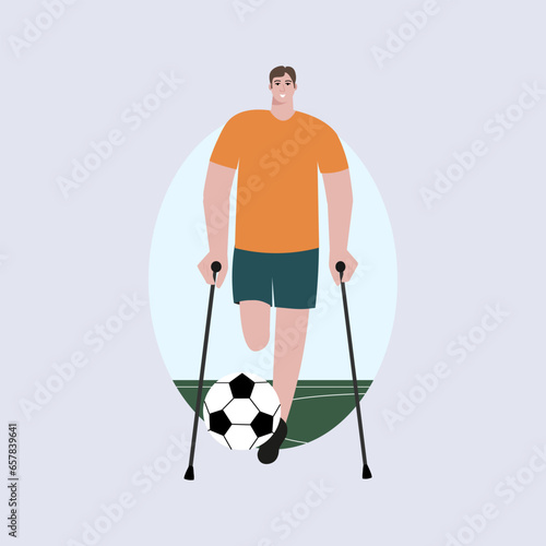 Three december world day of disabled people vector logo design. A man without a leg on crutches plays football