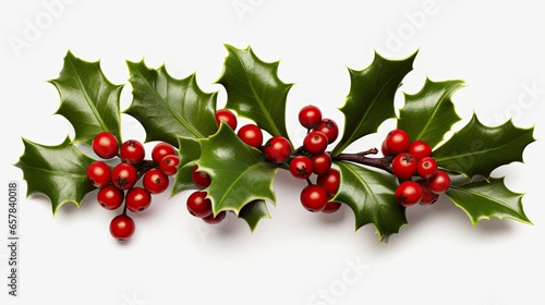  a holly branch with red berries and green leaves on a white background.  generative ai