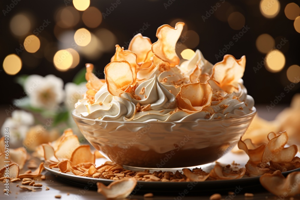 Whipped cream. Meringue swirls in a white bowl. 3d rendering Whipped cream. Meringue swirls in a white bowl. 3d rendering