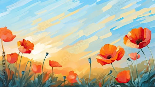  a painting of a field of poppies with the sun in the background.  generative ai
