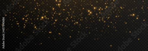 Golden magic dust png. Light effect. Magic glow. Spraying glowing particles png. Christmas glowing background.