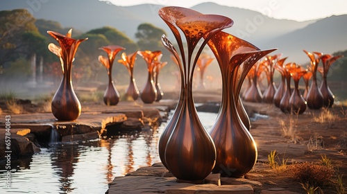 A tranquil outdoor sculpture garden where nature and art blend seamlessly. photo