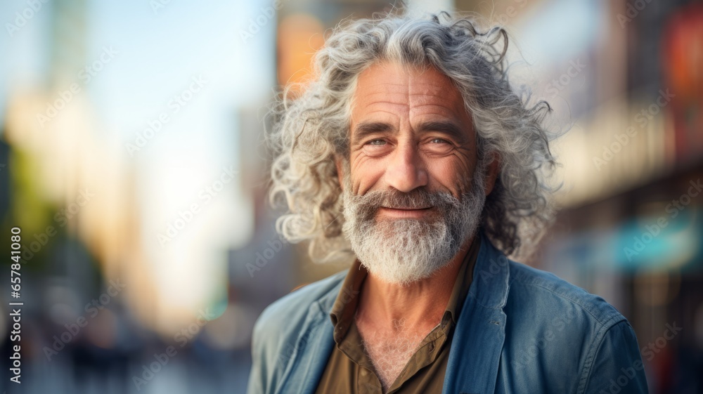 Smiling Old Persian Man with Blond Curly Hair Photo. Portrait of Casual Person in City Street. Photorealistic Ai Generated Horizontal Illustration.. Smiling Old Persian Man with Blond Curly Hair Photo. Portrait of Casual Person in City Street. Photorealistic Ai Generated Horizontal Illustration..