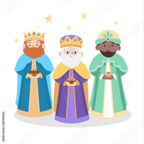 Three king men and gifts epiphany,  Epiphany Day Template Hand Drawn Cartoon Flat Illustration, Christian festival.Isolated. Vector illustration