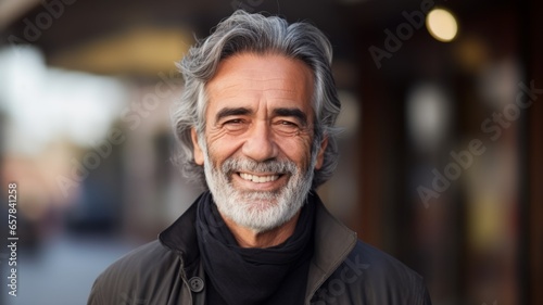 Smiling Old Persian Man with Brown Straight Hair Photo. Portrait of Casual Person in City Street. Photorealistic Ai Generated Horizontal Illustration..