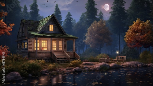  a painting of a cabin in the woods with a pond. generative ai