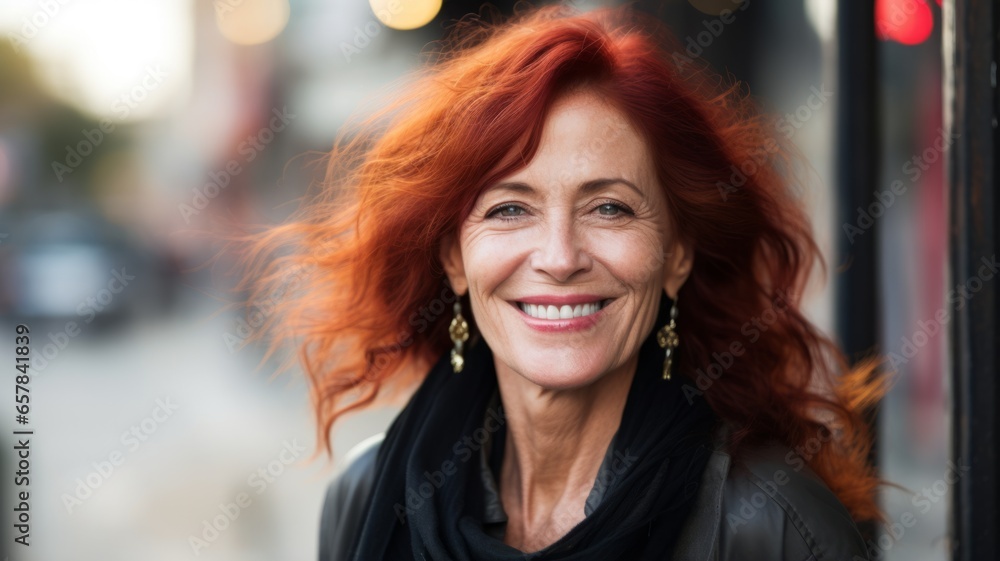 Smiling Old Persian Woman with Red Straight Hair Photo. Portrait of Casual Person in City Street. Photorealistic Ai Generated Horizontal Illustration.. Smiling Old Persian Woman with Red Straight Hair Photo. Portrait of Casual Person in City Street. Photorealistic Ai Generated Horizontal Illustration..