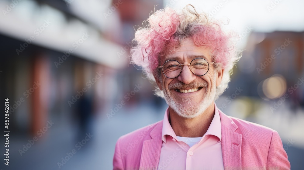 Smiling Old White Man with Pink Curly Hair Photo. Portrait of Casual ...