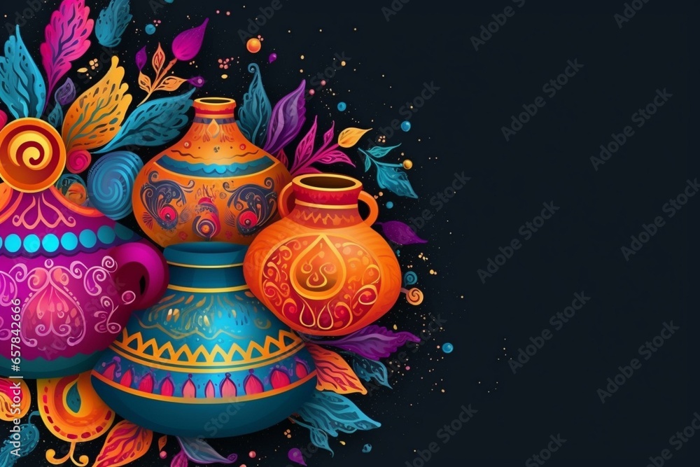 Colorful decorative elements for the Indian festival of Holi in a trendy banner against a black background. Generative AI
