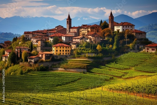 Beautiful village and vineyards in Piedmont, Europe. Generative AI photo