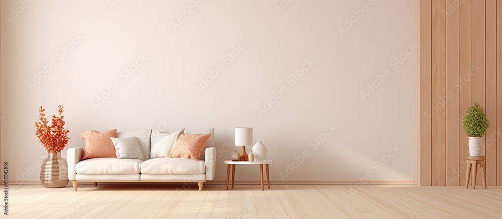 Fototapeta premium Minimalistic Scandinavian interior with a beautiful bright room featuring cozy wooden elements in warm beige tones