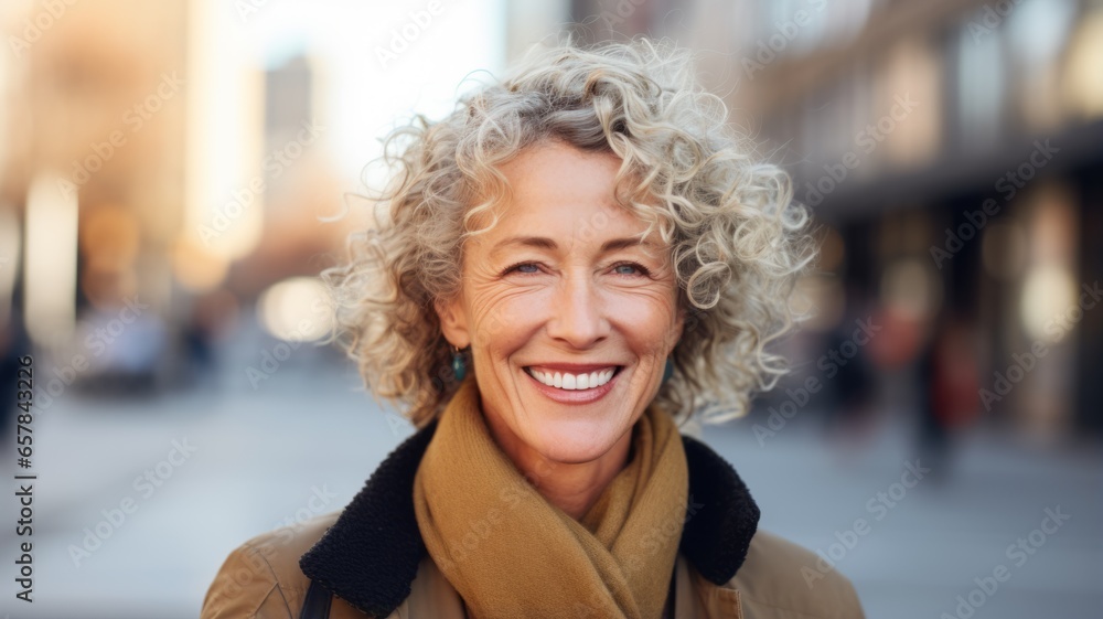 Smiling Old White Woman with Blond Curly Hair Photo. Portrait of Casual Person in City Street. Photorealistic Ai Generated Horizontal Illustration.. Smiling Old White Woman with Blond Curly Hair Photo. Portrait of Casual Person in City Street. Photorealistic Ai Generated Horizontal Illustration..