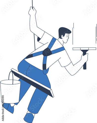 Window Cleaning Service with Professional Man Worker Character Scrub with Squeegee Rope Hanging Vector Illustration