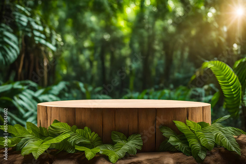An Empty Rustic Wood Product Display Pedestal In The Middle Of A Forest Premade Photo Mockup Background