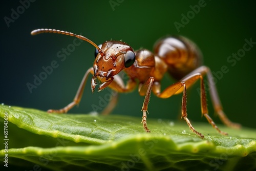 A detailed image of an ant crawling on a leaf in its natural habitat. Generative AI © Emily