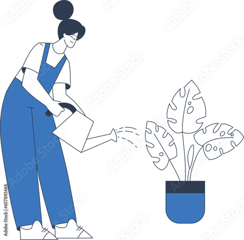 Cleaning Service with Professional Woman Worker Character Watering Flower Vector Illustration