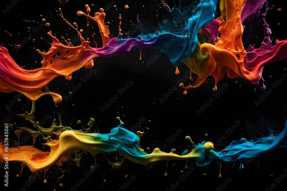 A photorealistic 3D rendering of a dark background illuminated by a vibrant splash of colorful paint, water, or smoke, forming an abstract and dynamic pattern.
