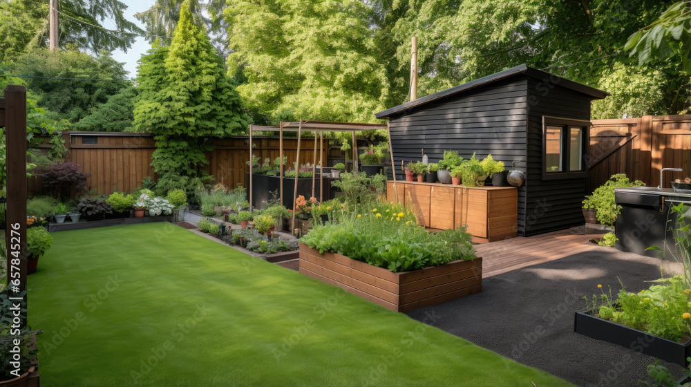 Green backyard garden in minimalist style with various plants