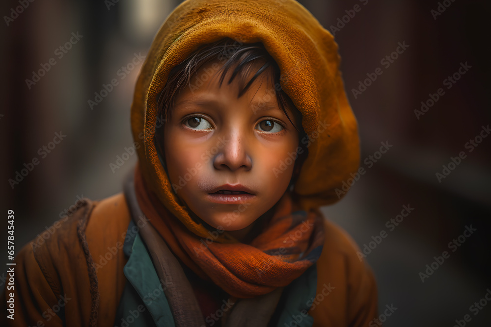 Poor beggar hungry child boy ragged in torn clothes with an ...