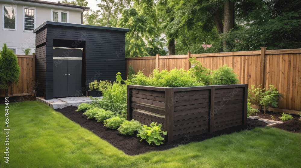 Naklejka premium Green backyard garden in minimalist style with various plants
