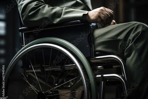 A man in a wheelchair without face. Close-up. Dramatic style, size 125:83. Patient with disability. Man with disability