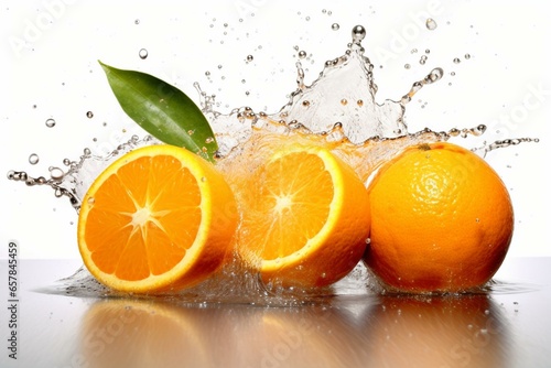Juicy oranges in a white background, with the refreshing splash of their tangy juice. Generative AI