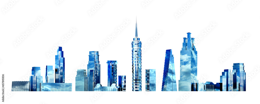 Beautiful city with glossy skyscrapers and office buildings and blue sky reflection. 3D rendering illustration