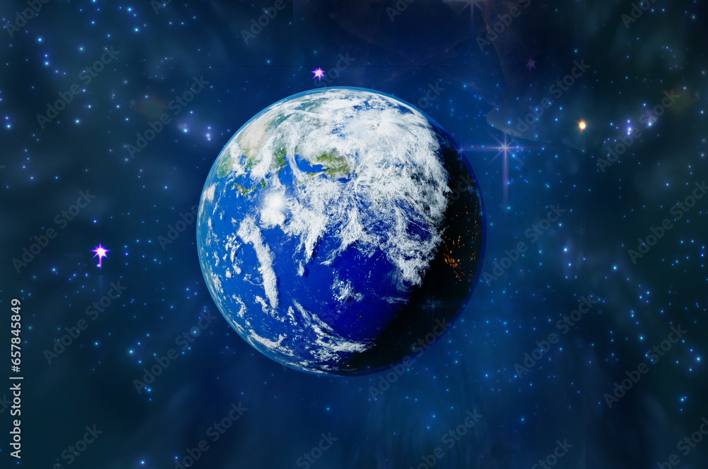 Planet Earth 3D rendering illustration. Planet lit up with sun light in beautiful space with stars and gases 