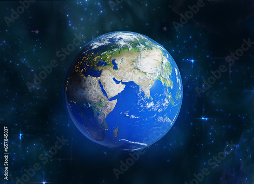 Fototapeta Naklejka Na Ścianę i Meble -  Planet Earth 3D rendering illustration. Planet lit up with sun light in beautiful space with stars and gases 