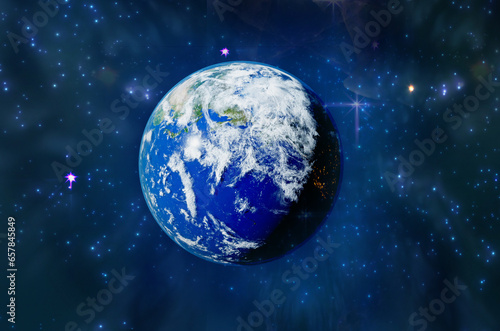 Planet Earth 3D rendering illustration. Planet lit up with sun light in beautiful space with stars and gases 