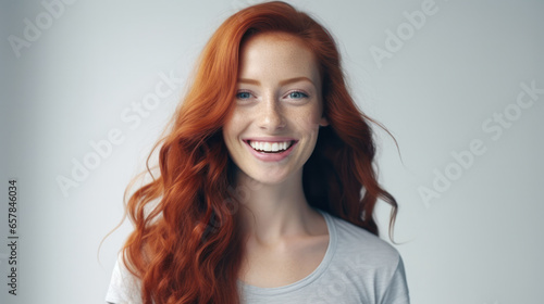 Crimson Radiance: A Captivating Young Woman with Long, Wavy Red Hair and Freckles, Donning a Gray T-Shirt, Effortlessly Exuding Joy Against a Gray Backdrop.