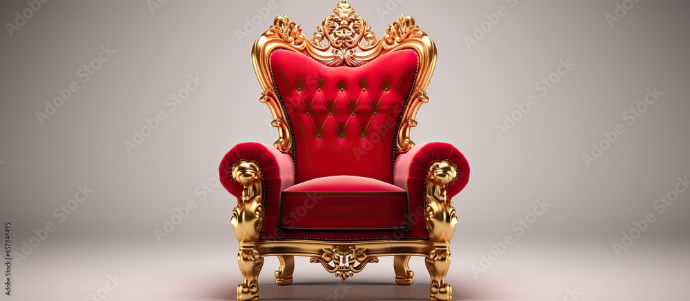 Golden royal armchair Red throne alone on white Red rug - obrazy, fototapety, plakaty 
