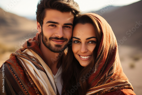 Picture of young wealthy middle eastern couple hugging love story Generative AI © deagreez