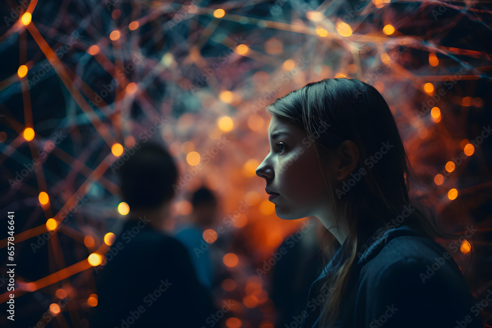 The girl's face is surrounded by abstract connections of luminous threads and dots, the personification of the complex relationships of relationships in the team at work, study, friends. Generative AI - obrazy, fototapety, plakaty 