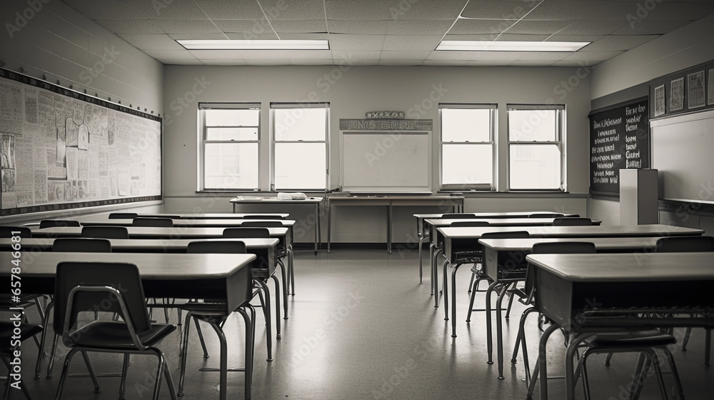 A classroom from the teacher’s perspective, empty seats, white board, educational posters on the wall, cool fluorescent lighting