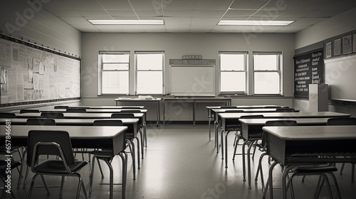 A classroom from the teacher’s perspective, empty seats, white board, educational posters on the wall, cool fluorescent lighting