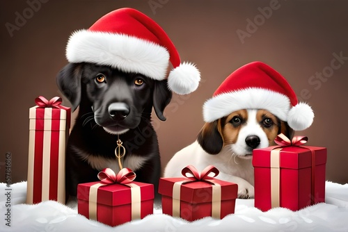 A group of playful puppies wearing Santa hats and playing with Christmas presents. © AD Collections