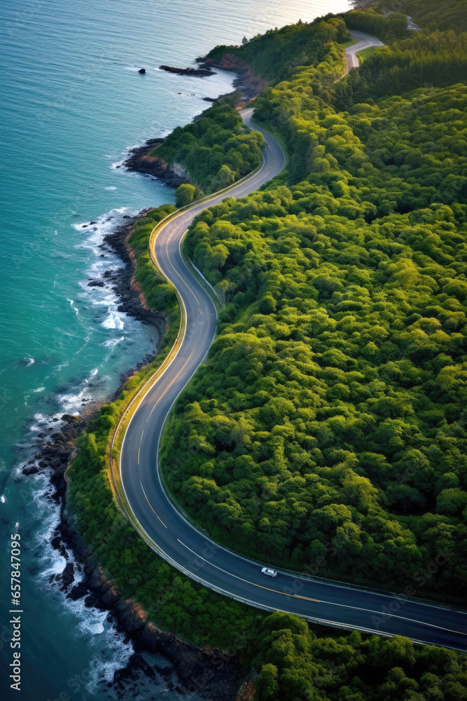 Aerial view of a road winding through green trees near the ocean. Generative AI - obrazy, fototapety, plakaty 