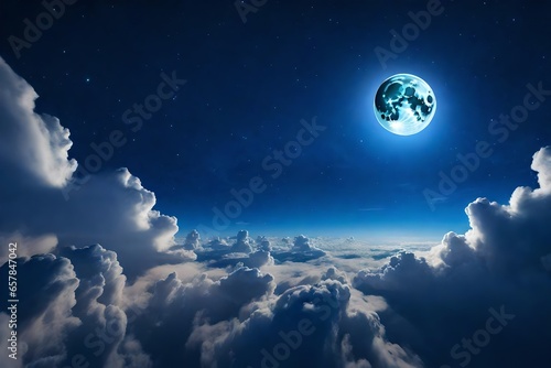 A photorealistic 3D rendering of a beautiful magic blue night sky with clouds  full moon  and stars. 