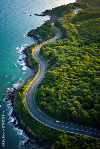 Aerial view of a road winding through green trees near the ocean. Generative AI