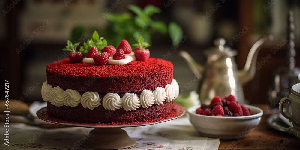 red velvet cake, intricately frosted, positioned on a vintage cake stand, close - up, bokeh background of kitchenware red velvet cake, intricately frosted, positioned on a vintage cake stand, close - up, bokeh background of kitchenware