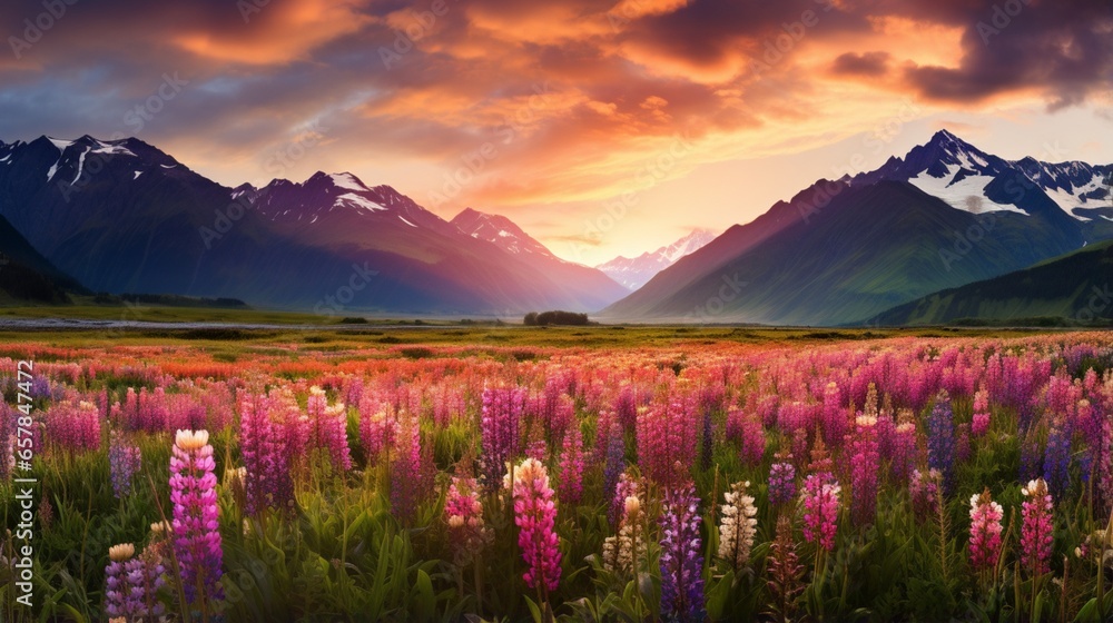 a breathtaking view of a field of wildflowers in full bloom against the backdrop of towering fold mountains