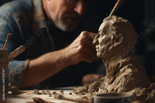 Man sculptor working with clay photo