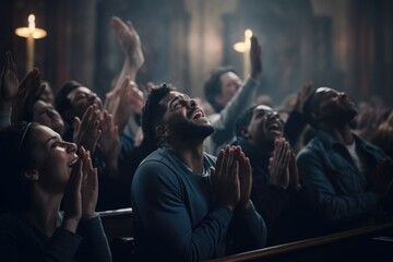 A group of people sitting in a church with their hands raised in the air. This image can be used to portray a spiritual or religious gathering.