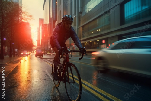 a man riding a bicycle through the streets of new york. © Simonforstock