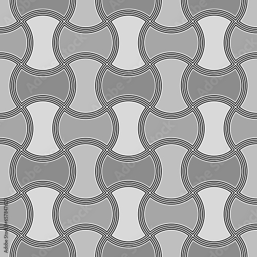 Apple core quilts texture. Seamless surface pattern design with ethnic ornament. Grey interlocking axehead figures tessellation on striped background. Image with hammerhead shapes. Bow patchwork motif