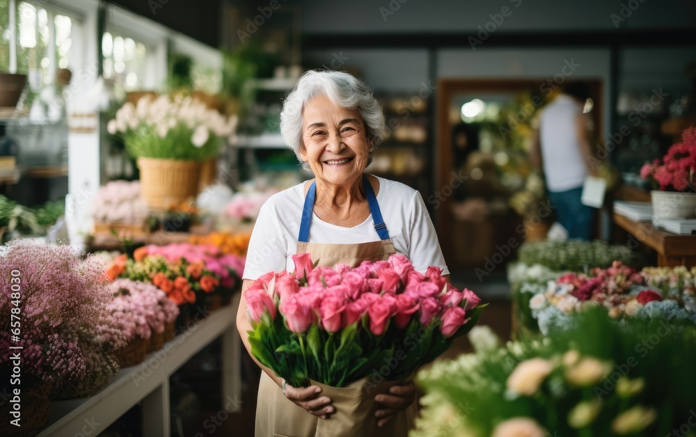 Old woman in an apron standing in front florist shop. Generative AI