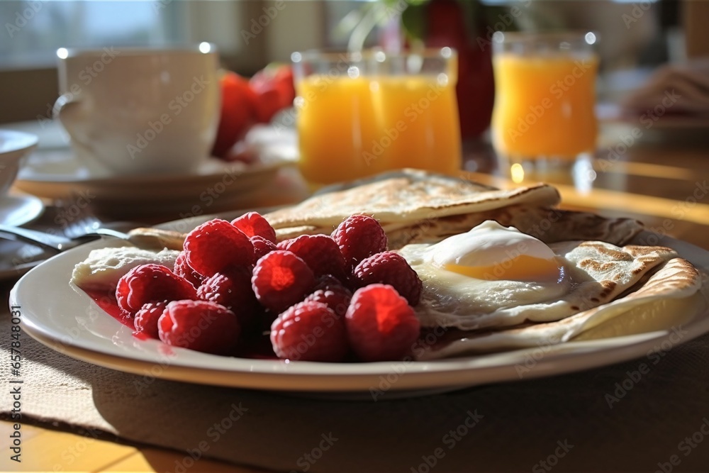 Breakfast with fresh strawberries, milk and cookies on wooden table. Breakfast with bacon, eggs and milk on rustic wooden background Breakfast with fresh strawberries, milk and cookies on wooden table. Breakfast with bacon, eggs and milk on rustic wooden background