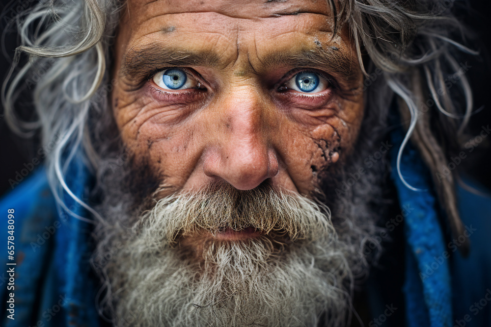 Close up photo of a homeless old man with dirty clothes and messy beard wrinkled face on cold rainy street generative ai Close up photo of a homeless old man with dirty clothes and messy beard wrinkled face on cold rainy street generative ai
